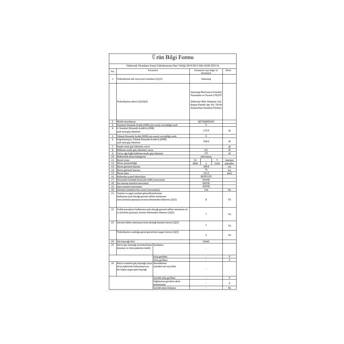 75QN85F 75'' 190 Ekran Uydu Alıcılı 4K Ultra HD Tizen Smart QLED TV