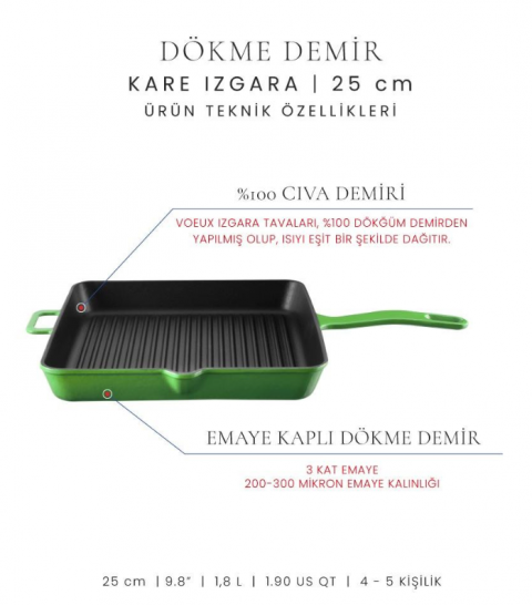Voeux Yeşil 25 Cm Kare Izgara Tava