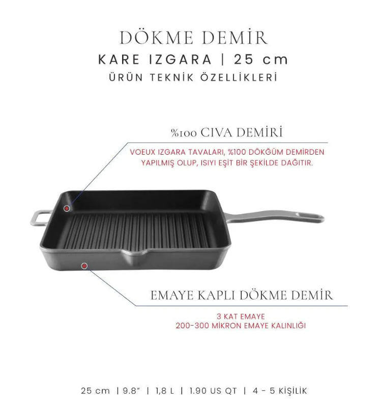 Voeux Gri 25 Cm Kare Izgara Tava