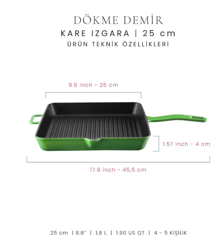 Voeux Yeşil 25 Cm Kare Izgara Tava Voeux Yeşil 25 Cm Kare Izgara Tava